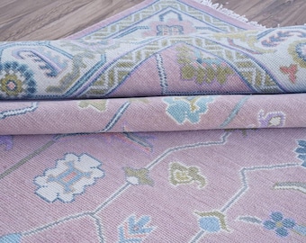 Hand Knotted Oushak Rug Lavender Wool Turkish Carpet Vintage Oriental Large Area Rug Traditional Handmade Living Room Bohemian Decor