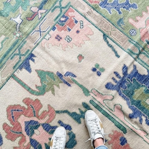 Hand Knotted Oushak Rug Green and Pink Turkish Wool Area Rug with Blue Accents Geometric Floral Design Living Room Rug Bedroom Rug Handmade