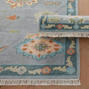 Hand Knotted Blue Oushak Rug | Traditional Turkish Wool Area Carpet | Pastel Medallion Oriental Rug | Vintage Style Living Room Decor Rug