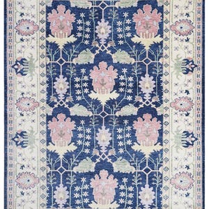 Hand Knotted Oushak Rug Blue Wool Traditional Turkish Carpet Ivory Border Oriental Vintage Style Handmade Living Room Area Rug