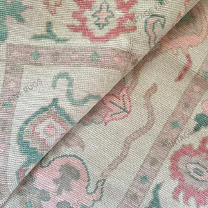 Hand Knotted Oushak Wool Rug Pastel Pink Green Cream Soft Vintage Style Turkish Design Living Room Bedroom Carpet Handmade Oriental Rug