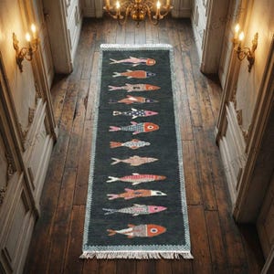 Peut inclure: Un long tapis rectangulaire avec un fond bleu canard foncé. Le tapis présente un motif répétitif de poissons colorés de différents motifs. Le tapis a un bord à franges et est placé sur un sol en bois.
