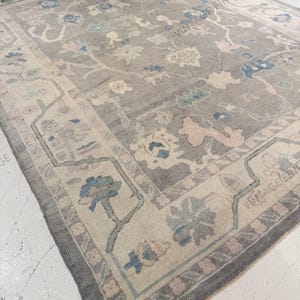 Vintage Inspired Oushak Handmade Turkish Wool Rug Soft Neutral Grey & Blue Large Oriental Bohemian Rug for Living Room Luxury Area Rug