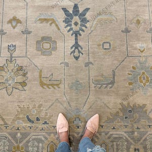 Large Light Blue and Beige Wool Oushak Rug Hand Knotted Traditional Oriental Area Carpet Elegant Bedroom and Living Room Handmade Floor Rug