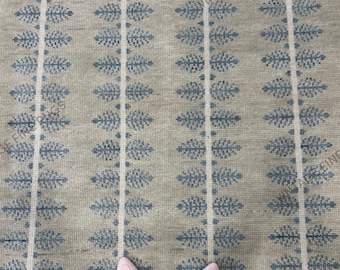 Large Beige and Blue Hand Knotted Wool Rug – Scandinavian Style Geometric Leaf Pattern Carpet for Living Room & Bedroom Home Décor Rug