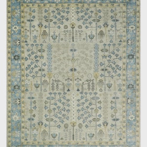 Tree of life Beige and Blue Traditional Hand Knotted Multi Size Wool Area Rug Persian Serapi Area Rug, Vintage Style Traditional Area Rug