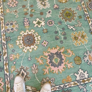 Hand Knotted Green and Pink Wool Rug – Floral Oriental Carpet – Pastel Handmade Area Rug for Living Room or Bedroom Decor Rug