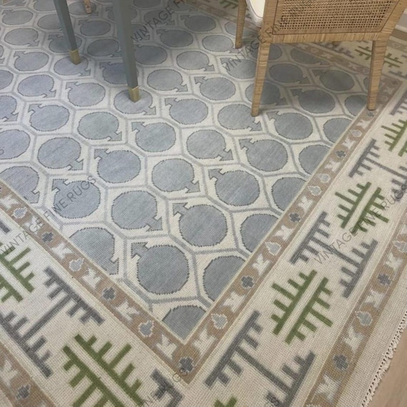 Hand-Knotted Scandinavian Wool Rug – Geometric Blue & Ivory Carpet with Nordic Folk Art Border and Sage Tribal Accents Large Area Oushak Rug