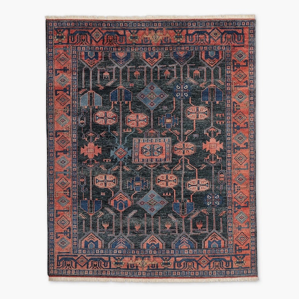 Hand Knotted Tribal Rug | Dark Blue & Coral Geometric Wool Carpet | Oriental Area Rug 5x7 | Bohemian Nomadic Floor Decor Luxury Style Rug