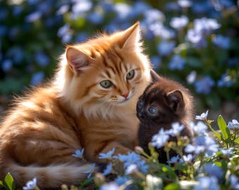 Kitten and Ginger Cat Art Print: Floral Pastel Garden