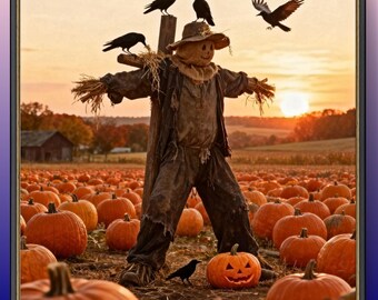 Fotorealistische Halloween-Vogelscheuche Print: Pumpkin Patch Sunset Wall Art Digital Download