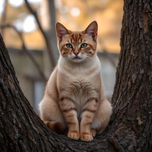 Puede incluir: Un gato jengibre con ojos verdes está sentado en un árbol. El pelaje del gato es una mezcla de colores naranja y crema, con rayas más oscuras en las patas y la cola. El fondo está borroso, con toques de amarillo y marrón.