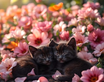 May include: Two black kittens snuggled together, sleeping peacefully amidst a bed of pink and orange flowers. Petals are scattered around the kittens, creating a soft, natural setting. The image is bathed in warm sunlight.