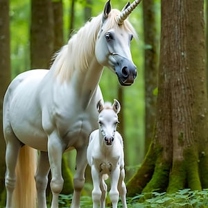 White Unicorn Family Print: Mystical Forest Mare & Foal (Digital Download)