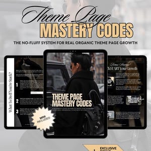 May include: A digital guide titled Theme Page Mastery Codes displayed on three tablet screens. The cover features a person in a black coat, with text detailing organic growth strategies, a bonus section, and an MRR included star-shaped badge.