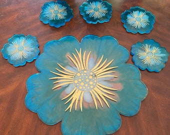 Floral Tray with Coasters - Large - Resin