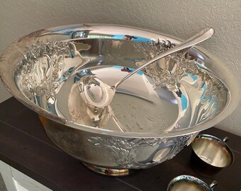 Vintage Elegant Silver Punch Bowl with Cups - Oneida Silver Punchbowl Set