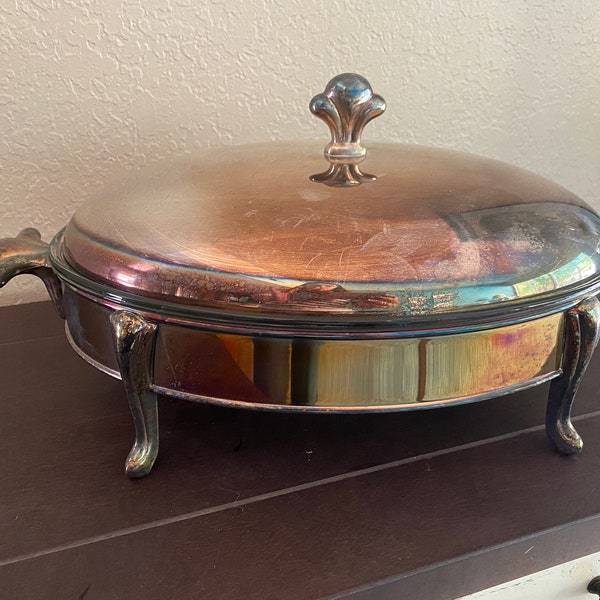 Vintage Silver Casserole Serving Dish Footed - Oval with Ovenware Glass Insert & Domed lid