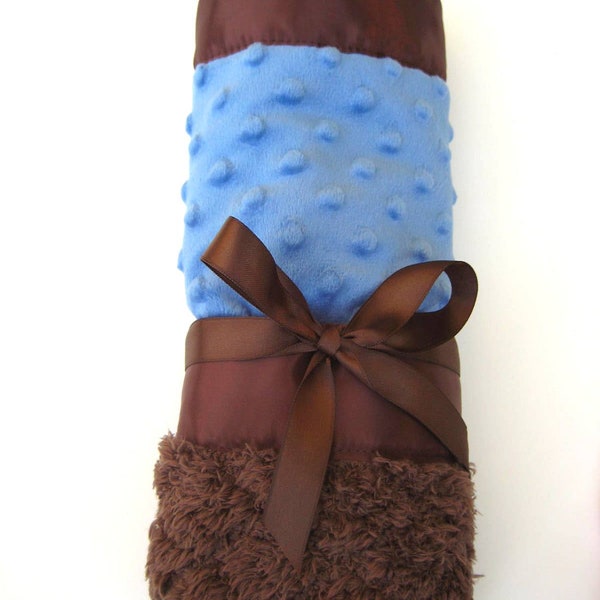 Infant "Cuddle" Blanket - Cobalt Blue and Chocolate Brown Minky with Satin Binding