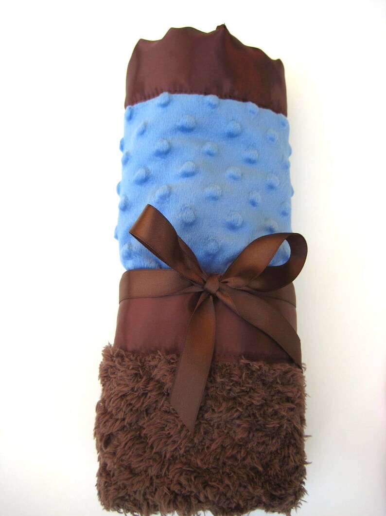 Cobalt Blue and Chocolate Brown Minky with Satin Binding Infant Cuddle Blanket