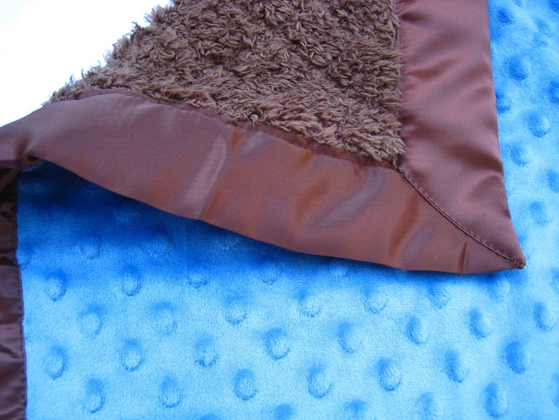 Cobalt Blue and Chocolate Brown Minky with Satin Binding Infant Cuddle Blanket