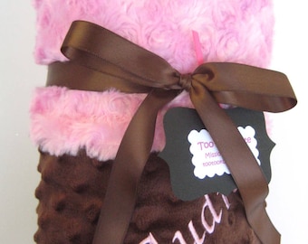 Pink and Brown  Minky Stroller Blanket - Personalization is Available