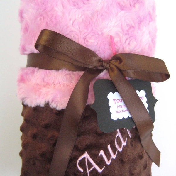 Pink and Brown  Minky Stroller Blanket - Personalization is Available