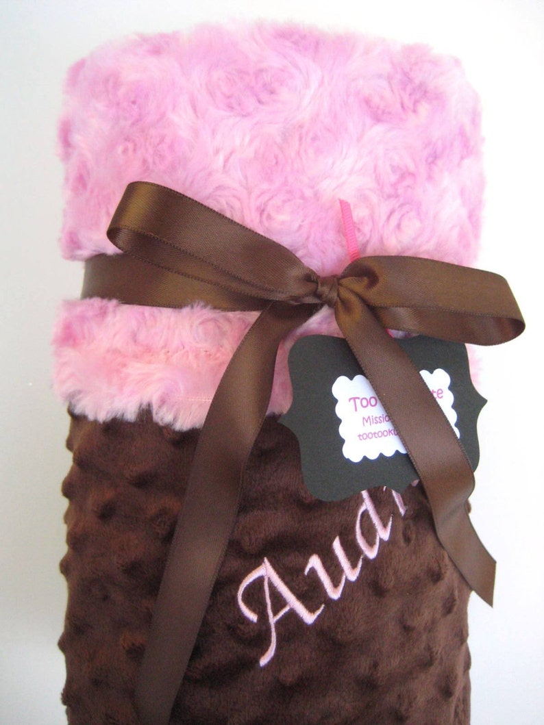 Pink and Brown Minky Stroller Blanket Personalization is Available image 1