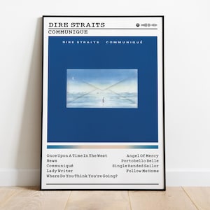 May include: A framed poster featuring the album cover for Dire Straits' "Communiqué." The artwork showcases a blue background with an image of a person on a snowy landscape inside an envelope. The album title and tracklist are displayed in white text.