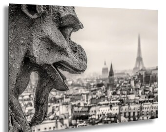 Puede incluir: Fotografía en blanco y negro de una gárgola con vistas a la ciudad de París. La Torre Eiffel es visible al fondo, junto con otros edificios. La gárgola está en primer plano, con la boca abierta.