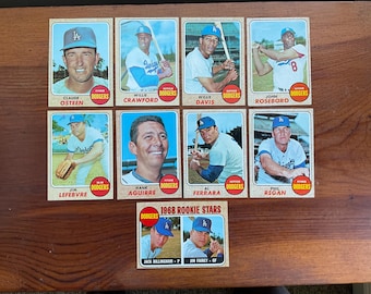Lotto di carte da baseball Topps Los Angeles Dodgers del 1968 di (9) Roseboro Davis Osteen Crawford
