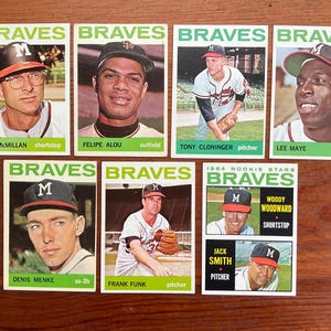 Könnte beinhalten: Eine Sammlung von Baseballkarten im Vintage-Stil mit Spielern der Braves. Die Karten zeigen Spielerporträts, Namen und Positionen in Grün und Weiß. Die Karten sind auf einer Holzoberfläche angeordnet.