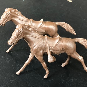 Vintage MARX Brown WALKING HORSE Plastic Western Toy Horses for Mounted Soldiers Set of 2