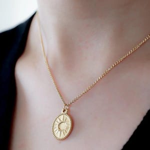 Gold Sun Coin Necklace • Celestial Medallion Pendant • Dainty Gold Chain • Sun Charm Necklace • Spiritual Jewelry • Gift for Her