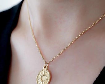 Gold Sun Coin Necklace, 14K Solid Gold Celestial Medallion, Dainty Sunburst Pendant, Spiritual Solar Amulet, Boho Sun Charm, Birthday Gift