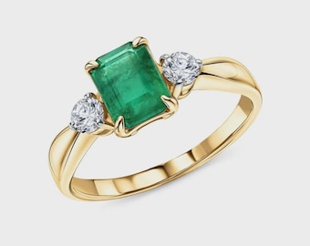 Anello con tre pietre in oro 14 carati e smeraldo, anello di fidanzamento vintage con smeraldo, gioielli con pietra portafortuna di maggio, fascia trilogy con pietra preziosa verde, regalo di lusso per lei