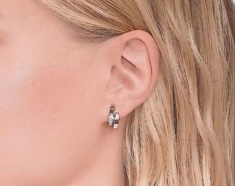 14K Gold Snake Hoop Earrings with Diamonds, Diamond Serpent Huggie Hoops, Dainty Snake Dangle Earrings, Unique Animal Jewelry Gift for Her