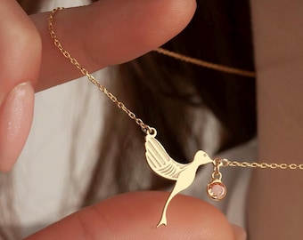 Collar de colibrí con piedra preciosa, colgante de pájaro en oro macizo de 14 quilates, delicado dije de colibrí, joyería natural con significado, regalo animal para ella.