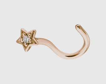 14K Gold Star Nose Stud with Diamond, Celestial Star Nose Ring L-Bend, Dainty North Star Piercing for Women, Tiny Gold Galaxy Jewelry Gift