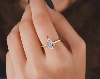 Kite Shape Diamond Engagement Ring, 14K White Gold Solitaire Wedding Ring, Modern Lozenge Cut Proposal Ring, Anniversary Gift for Women