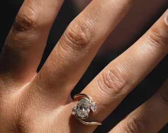 14K Solid Gold Oval and Pear Diamond Ring, Three Stone Engagement Ring, Unique Moissanite Trilogy Ring, Classic Anniversary Gift for Her