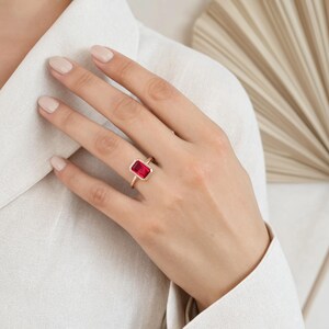 14K Gold Emerald Cut Ruby Bezel Ring | Minimalist Ruby Solitaire Ring | July Birthstone Engagement Ring | Modern Gift for Her