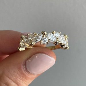 Diamond Half Eternity Wedding Band, 14K Solid Gold Minimal Stacking Ring, Marquise and Round Cut Wedding Ring for Women, Gold Enhancer Ring