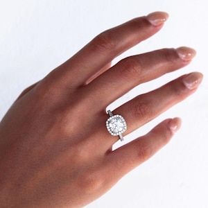 Genuine Diamond Ring, Halo Diamond Engagement Ring, Statement Ring, 925 Sterling Silver Wedding Ring, 2.0 CT Cushion Cut Moissanite Ring