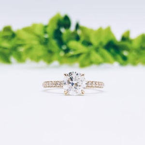 2 Ct Round Moissanite Engagement Ring, Moissanite Rose Gold Ring, Three Side Pave Moissanite Ring, Round Moissanite Eternity Engagement Ring
