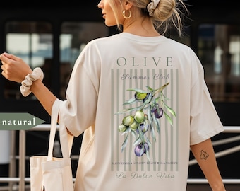 Olive Summer Club Shirt | La Dolce Vita T Shirt |Mediterranean Summer Tee | Olive Branch |Back Print | Coastal Aesthetic | Vacation shirt