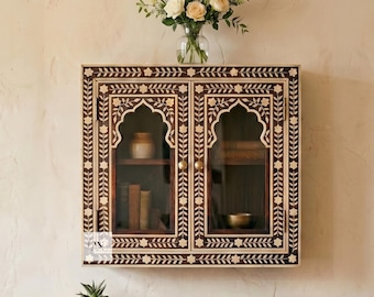 Bone Inlay Floral Design Wall Cabinet Brown, Hanging Wall Cabinet,