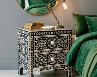 Mesita de noche con incrustaciones de hueso, mesita de noche Mandala de dos cajones, muebles con incrustaciones de hueso hechos a mano.