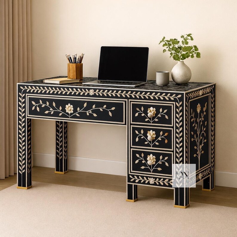 Handmade Bone Inlay Black Study Table, Writing Desk, Laptop Table ...