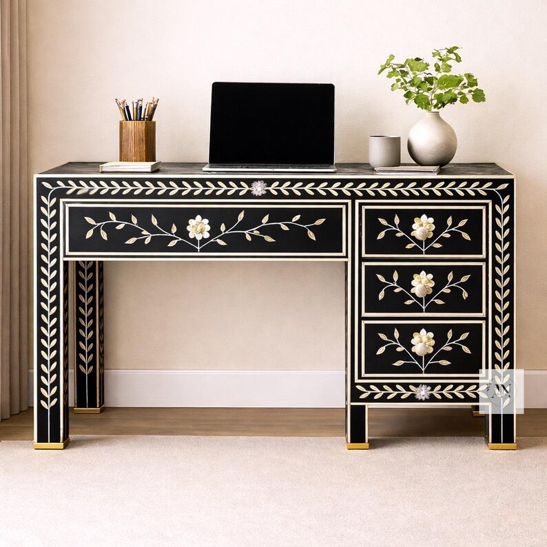 Handmade Bone Inlay Black Study Table, Writing Desk, Laptop Table ...